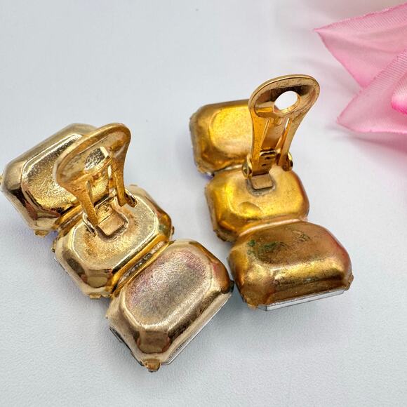 Vintage Three Rhinestone Huge Clip On Earrings Teal Fuchsia Blue 80s Mob Wife - Picture 11 of 16